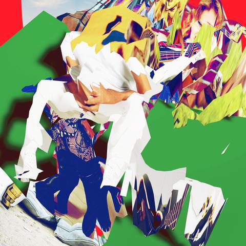 messy, angular digital collage portraying a mashup of several people with a guitar for a face on a green and red background