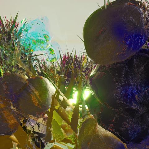 CGI image of a mysterious stack of rocks in a field with extremely tall grasses/reeds and a greenish blob floating in a solid grey sky.  there are a variety of lens flares/chromatic abberation in unusual colors
