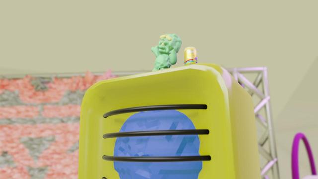 still from a CG music video of a small, claymationesque figure dancing on top of a yellow and blue speaker, with a crumbled, metallic projection screen in the background.  the edges of the room are indistinct and beige.