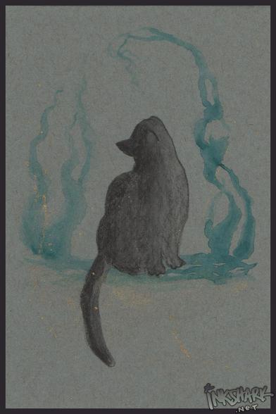 Sketch of a black cat looking up at some turquoise-and-gold watercolor "magic" creeping over the ground and dissipating into the air above