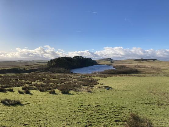 A wide hilly landscape of rough grassland sloping down to a blue lake in the distance. The sky is blue with a ridge of fluffy white clouds along the horizon