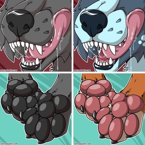Furry Art. Icon bases of footpaws & an open canine maw, licking muzzle with drool.