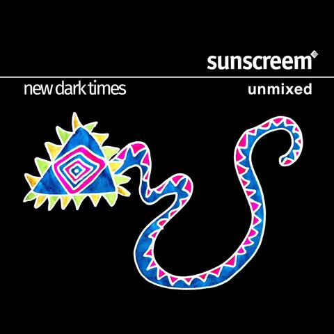 The cover art for 'New Dark Times unmixed' by Sunscreem.

The cover is black, with the band's name and album title at the top in black. The artwork has a sort of cartoon-like drawing of a snake which has a triangular head. It's mostly blue, with pink triangles along the body, golden coloured triangles coming out of the head and some pink diamond shapes in the head. It's a weird looking thing!