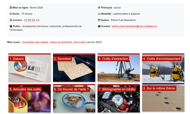 plan du cours : Dataviz, Données, Outils d'extraction, Outils d'enrichissement, Annuaire des outils, Où trouver de l'aide, Bibliographie, Voir aussi