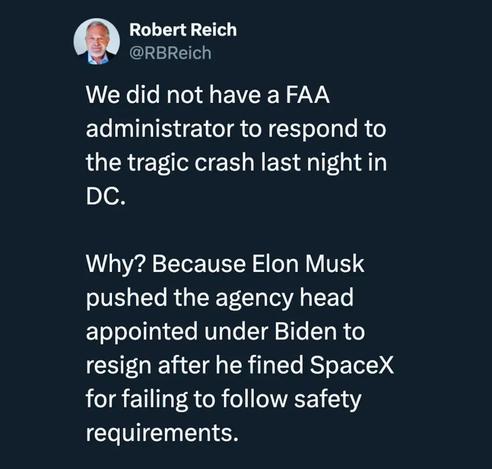 No FAA Administrator to respond to crash because Elon pushed him to resign after he fined Spacex for failing to follow safety requirements