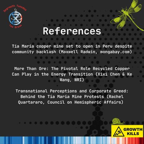 References 

Tía María copper mine set to open in Peru despite community backlash (Maxwell Radwin, mongabay.com) 

More Than Ore: The Pivotal Role Recycled Copper Can Play in the Energy Transition (Xixi Chen & Ke Wang, WRI) 

Transnational Perceptions and Corporate Greed: Behind the Tía María Mine Protests (Rachel Quartararo, Council on Hemispheric Affairs)