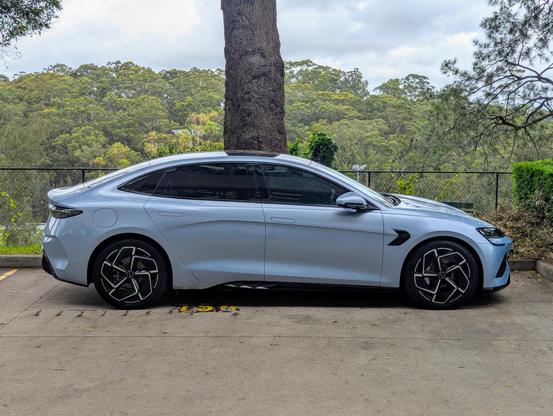 Photo of a BYD Seal electric sedan car from the side.