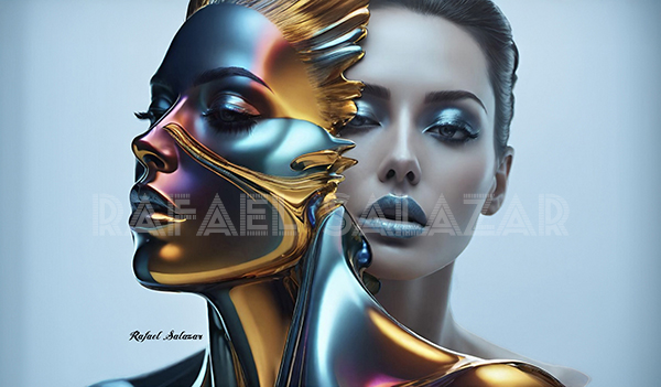 A striking portrait combining a metallic, futuristic face with a soft and natural human visage, highlighting the harmony between technology and humanity by Rafael Salazar
