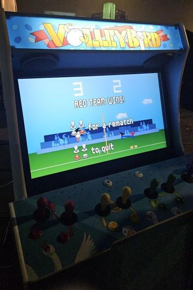A standup arcade machine called Volleybird stating that Red Team Wins. I was red team.