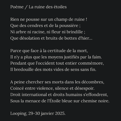 Poème en trois quatrains.
Titre : La ruine des étoiles. 

Rien ne pousse sur un champ de ruine ! 
Que des cendres et de la poussière ; 
Ni arbre ni racine, ni fleur ni brindille ; 
Que désolation et bruits de bottes d'hier…

Parce que face à la certitude de la mort, 
Il n'y a plus que les moyens justifiés par la faim. 
Pendant que l'occident tout entier commémore, 
Il bredouille des mots vides de sens sans fin.

A peine chercher ses morts dans les décombres, 
Coincé entre violence, silence et désespoir. 
Droit international et droits humains s'effondrent, 
Sous la menace de l'Étoile bleue sur chemise noire.

Looping, 28-30 janvier 2025.