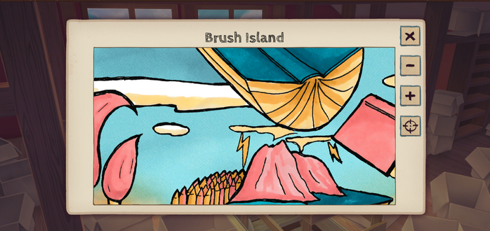 **TL;DR:** A colorful, stylized artwork labeled "Brush Island" featuring surreal elements like a large brush-shaped island, lightning bolts, pink mountains, and a wooden boat overhead.  

The image shows a whimsical, cartoonish depiction of a fantastical island scene titled "Brush Island." The island resembles the bristles of a paintbrush, with pink mountainous formations and lightning striking in the foreground. Above, a yellow and blue wooden boat hovers against a bright blue sky, adding a surreal touch. Small white clouds float nearby. The scene is bordered by a frame, with visible buttons for zooming and centering on the right. The setting appears to be a digital painting or part of an art-related game interface, as suggested by the design layout.