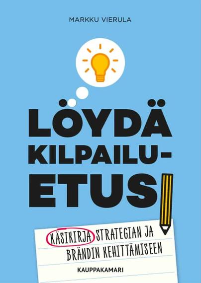 Löydä kilpailuetusi -kirjan kansi. Vaaleansinisellä taustalla mustaa tekstiä. Toisesta Löydä-sanan ö-kirjaimen pisteestä lähtee ajatuskupla, jossa on idealamppu.