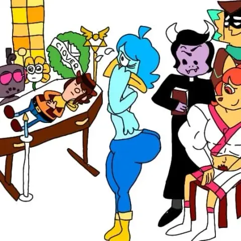 es un curi de undertale yellow sobre un fanart shitpost de calamardo culón en un funeral