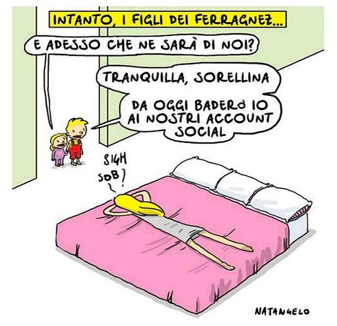 Intanto, i figli dei Ferragnez...

Nel disegno, il figlio di Chiara Ferragni e Fedez rassicura la sorellina mentre Chiara Ferragni piange sul letto.
La bambina chiede: "E adesso che ne sarà di noi?"
Le risponde lui: "Tranquilla, sorellina. Da oggi baderò io ai nostri account social".