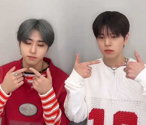 Han and Seungmin in a grab from a short video. They both have fairly neutral expressions and are holding their hands up in finger-gun poses, but pointing their fingers sideways and inwards and umm I don't know how to describe this argh anyway Seungmin is wearing a Chrome Hearts flared cross pendant, painted white.