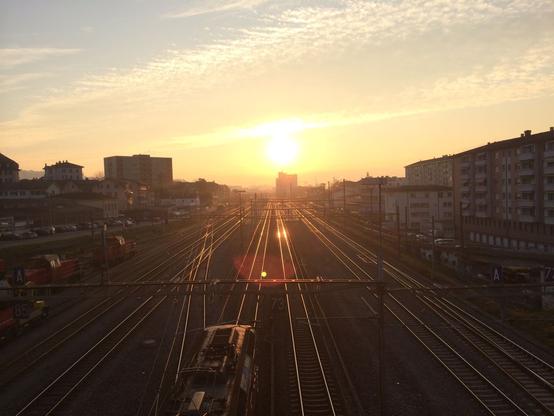 Une dizaine de voies de chemin de fer en parallèle partant de sous la position du photographe et se dirigeant vers le centre de l’image. On peut distinguer les quais de la gare de Renens au fond. Il n’y avait pas encore l’imposante passerelle piétonne qui passe sur la gare. Au loin, on voit le soleil se lever avec quelques stratus dans le ciel. La lumière du soleil se reflète dans les rails, les mettants ainsi bien en évidence.
