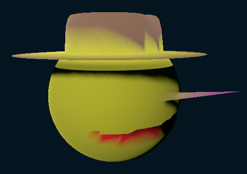 A small demo of sculpting with paths. The deformations to a sphere become a weird scare-crow straw man head. He has a fedora hat and a red-gash for a smile. The colours are really vertex colours that can be used in a shader.