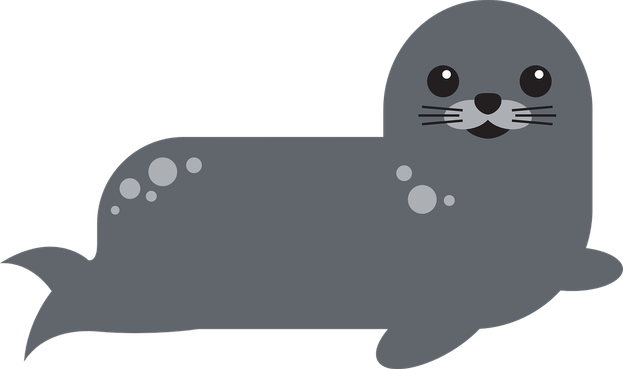 Eine Vektorillustration einer grauen Robbe, die mit dem Kopp nach rechts liegt/sitzt und den*/die* Betrachter*In freundlich anluschert. Hier von Pixabay gezogen: https://pixabay.com/de/vectors/hafen-siegel-sitzung-maine-marine-1081482/ 
Künstler*In unbekannt, aber müsste gemeinfrei von der Lizenz sein.