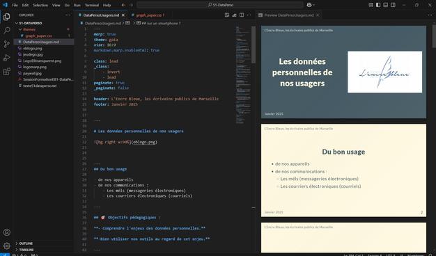 Une capture d'écran de VS Studio avec une présentation en Markdown comment appliquer le thème CSS ?