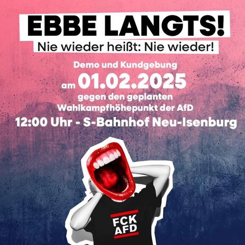 Ein lebendiger Protestflyer mit fettem Text. Sie kündigt eine Demonstration am 1. Februar 2025 gegen eine geplante Veranstaltung der AfD-Partei an. Das Design enthält eine Grafik einer Figur mit offenem Mund, die Protest symbolisiert