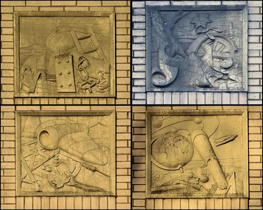 A set of four relief scupltures on a 1980s housing development in Glasgow.