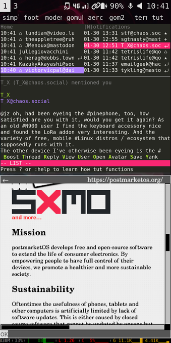 A screenshot of PostmarketOS edge running on a pinephone, with sxmo as an environment, and sway as a window manager. It displays tut (a TUI mastodon client) tiled with links -g displaying the homepage of postmarketOS.