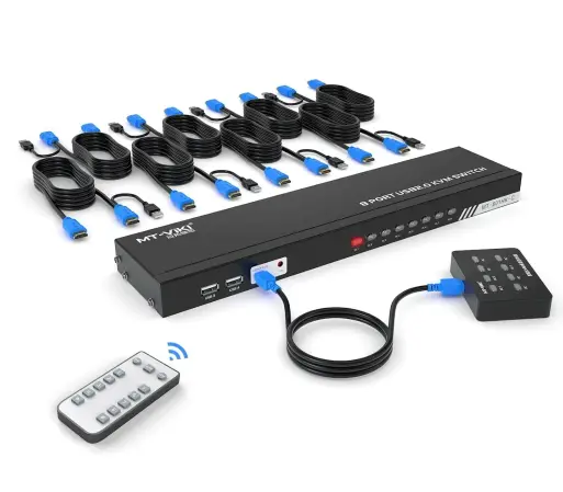 A stock photo of a generic rackmount (1 RU) KVM switch.  Crucially, it has a separate control box with 8 buttons to switch between ports.
