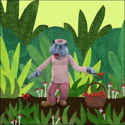 A blue clay character in a nature scene happily picks flowers and drops them in a basket