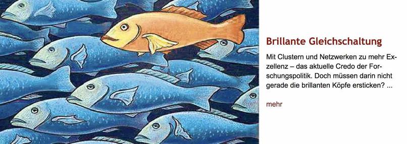 Zeichnung: Schwarm blauer Fische schwimmt mit durchweg uninspiriertem Gesichtsausdruck kollektiv nach links, mittendrin schwimmt ein leuchtend gelber Fisch mit neugierigem Blick mit. Rechts neben dem Bild Überschrift "Brillante Gleichschaltung" des im Post verlinkten Artikels, gefolgt von dessen Vorspann.