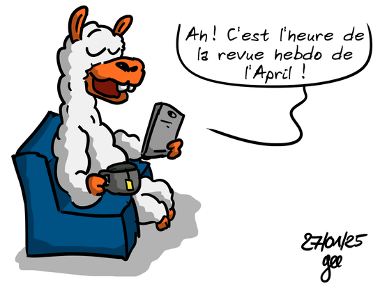 Un lama assis dans un fauteuil avec une tasse de thé dans la main et une tablette dans l'autre dit : 
« Ah ! C'est l'heure de la revue hebdo de l'April ! »
