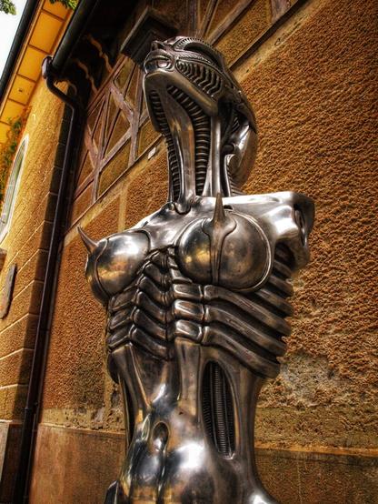 Photo of a metal bust at Giger Museum in Gruyères, Switzerland