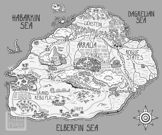 Hand drawn digital drawing of a fantasy map. Black and white theme. Map displays an island-like world with a surrounding seas - Habarkin sea, Dagrelian sea, Elberfin sea, and two sea monsters. In thw world are places like - Lichstein at the top, Arralia in the middle, Rogue states to the right, and Gran Republic to the bottom. In the middle is Heathens' Hollow. The map displays cities, sandworms, small towns, crops, different biomes, a mountain, and many points of intrests - like a witches' cave.