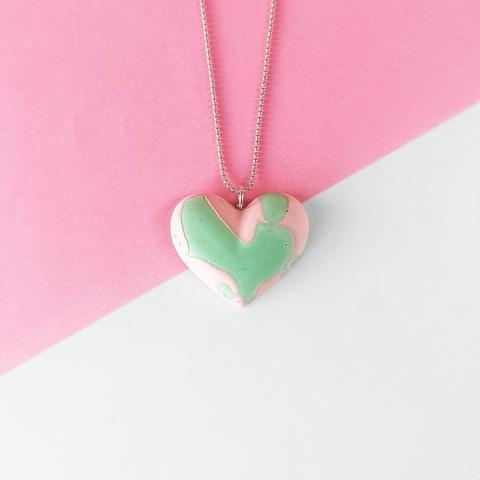 green and pink heart necklace with silver chain