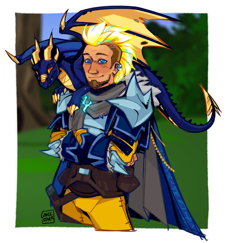 A drawing of a smiling man with a dark blue and gold baby dragon resting on his shoulder. He has a glowing yellow mohawk, and is wearing a metal chestplate and pauldrons over dark blue and yellow leather armour. He is also wearing a greyish scarf, which has a cyan sigil-shaped broach pinned to it.