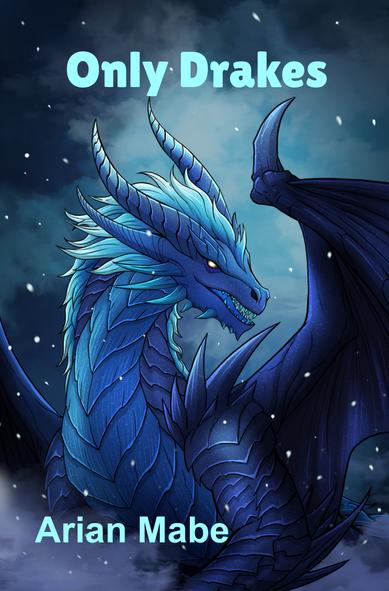 Blue dragon in a snowy, cloudy landscape.