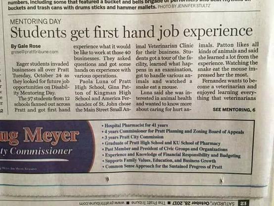 Newspaper headline: STUDENTS GET FIRST HAND JOB EXPERIENCE