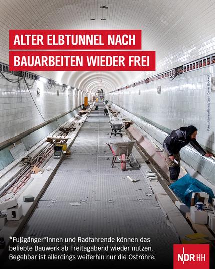 Bild: Handwerker führen Restarbeiten im Alten Elbtunnel in Hamburg aus.

Text: Alter Elbtunnel nach Bauarbeiten wieder frei

Zu Fuß und mit dem Rad kann das Bauwerk ab Freitagabend wieder genutzt werden - allerdings nur die Oströhre.