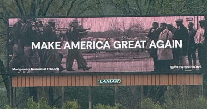 "Make America Great Again" text over historic photo or march in Selma Alabama where protesters meet police