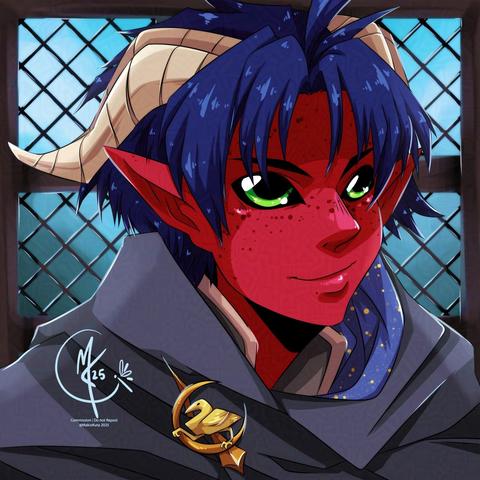 A portrait of a tiefling character named Nat. He has red skin with freckles, short dark blue hair, bright green eyes and two ivory horns curving along the top of his head. He is wearing a grey cloak clipped in place by an ostrich pin that shows a bright blue and starry lining at the hood. He's standing by a window with a cheeky little smile.