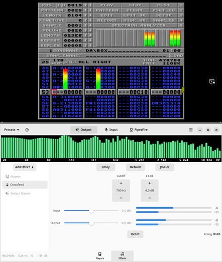 Screenshot showing a YouTube video of ProTracker playing the tracker module "Da\Box" bp Phloe in the upper half, while the lower half is showing the EasyEffects window with the plugin "Crossfeed" enabled.