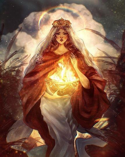 A portrait by Roy Trinh of Hestia with her sacrificial flame