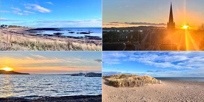 Four photo collage. Bright, cold, winter days. Top left: over pale green grasses to pinky sand; to rocky shore and blue sea; white house to left;  blue sky, white cloud. Top right: view over dark rooftops to estuary at sundown; dark church spire, old black lantern light focused in the deep orange glow of the sun and its rays; glimpse of grey estuary water; across to houses on the other side of the water. Bottom right: pinky sand; light green grassy mound; to blue sea; blue sky, white fluffy clouds. Bottom left:  silvery blue water at sunset, looking towards darkTay bridge; manufacturing and engineering base on right, turbines and semi submersible in distance; dark landmass at the other end of the bridge; pale blue, orange streaked sky.