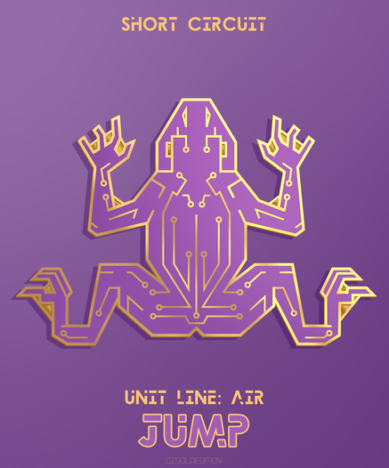 Design for an enamel pin made to look like a purple printed circuit board (PCB) in the shape of a toad. Text on the image says: "Short Circuit", "Unit Line: Air", and "Jump".