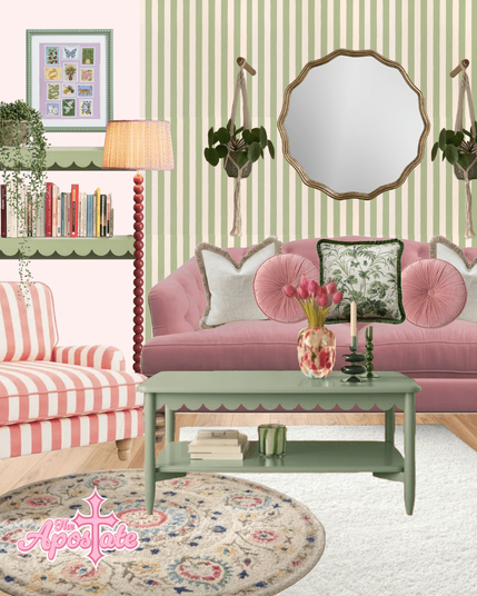 Image contains a mood board, of a living room. The room in a shabby chic style, with pink and green aesthetics, and splashes of bold patterns.