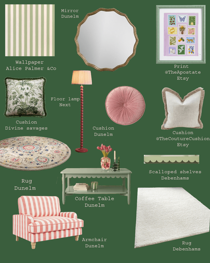 Image contains the items from the previous image, and where to buy them from. Background is dark green with pastel pink font.