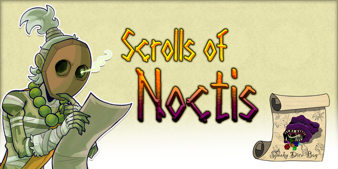Scrolls of Noctis header, with Shal taking notes.