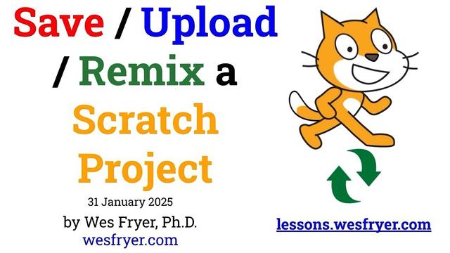 A digital graphic promoting a Scratch project titled "Save / Upload / Remix a Scratch Project," hosted by Wes Fryer, Ph.D. It features an animated orange cat character and includes event details such as the date (31 January 2025) and