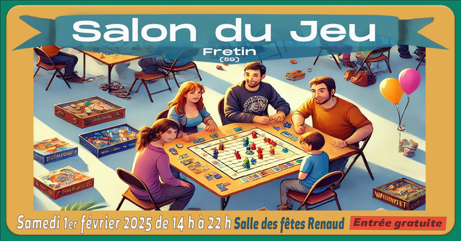 Affiche du salon : le dessin d'une table de jeu de plateau avec des amis installés autour.