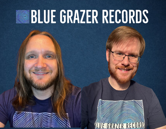 The picture shows Drew and Kevin shoddily cut together to simulate that they are in the same blue room, when in fact they have never shared the same physical space as of yet. The Blue Grazer Records Swirl and logo floats above their heads.