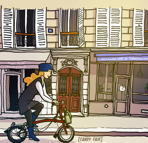 Digital illustration of a woman smiling and cycling in Paris on a folding bike